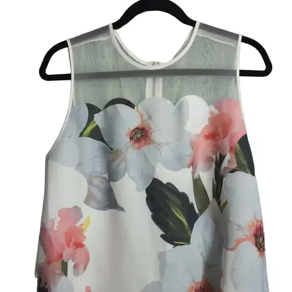TED BAKER Caprila Bloom Scalloped Dress White Pink Blue Floral A Line Shift 4 (U - Picture 2 of 10